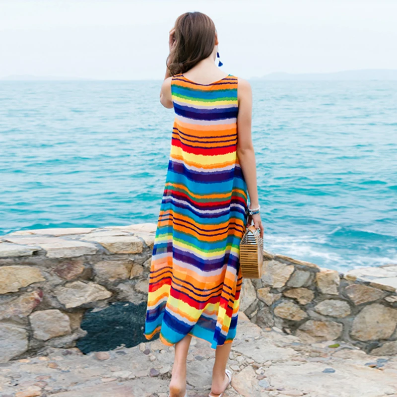 Women Summer Dress 2020 New Fashion Large size Womens Printing Rainbow color Sleeveless Loose Ladies KO54 | Женская одежда