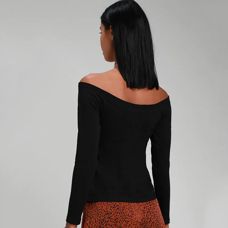 

Causal Women's Solid Color Slim Off Shoulder Big V-collar Long Sleeve T-shirt Top