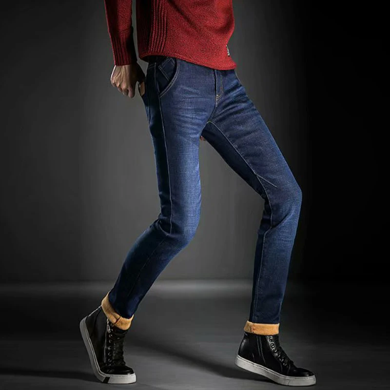 Solid Pencil Pants Men jeans 2019 Winter Jeans pants Full Length Midweight Mid Zipper Fly Loose Denim Trousers | Мужская одежда