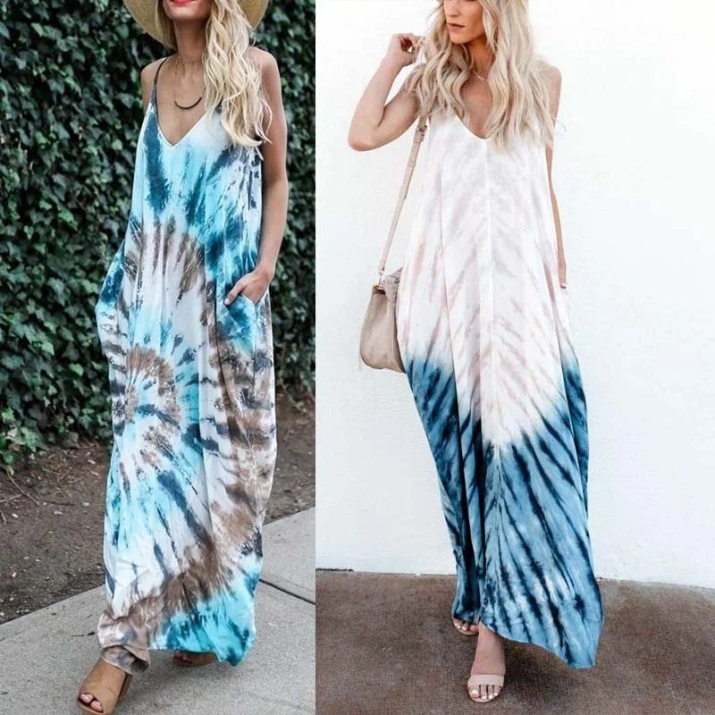 Для женщин модные пикантные Спагетти ремень Tye Dye хиппи шик длинное платье миди