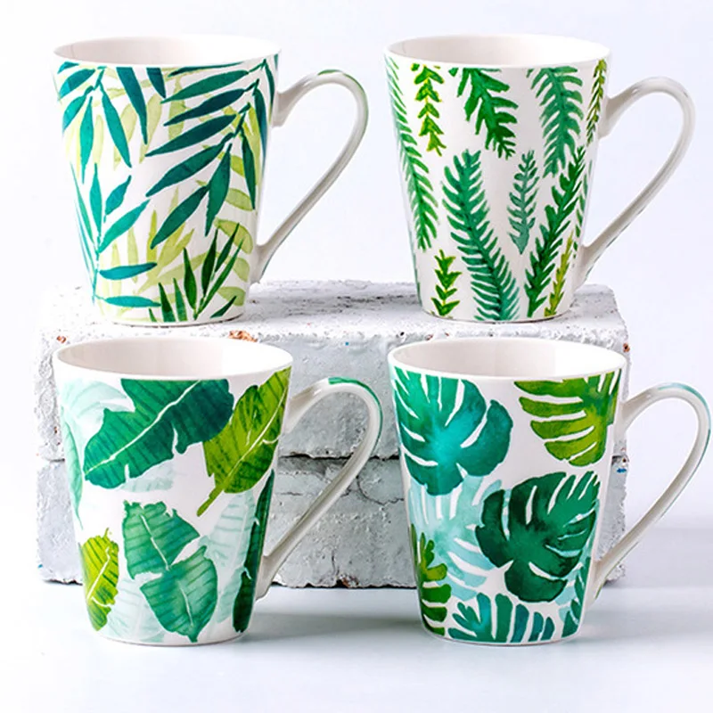 4 шт./компл. 300 мл Короткие Зеленые листья дизайн чашка для молока кофейная кружка