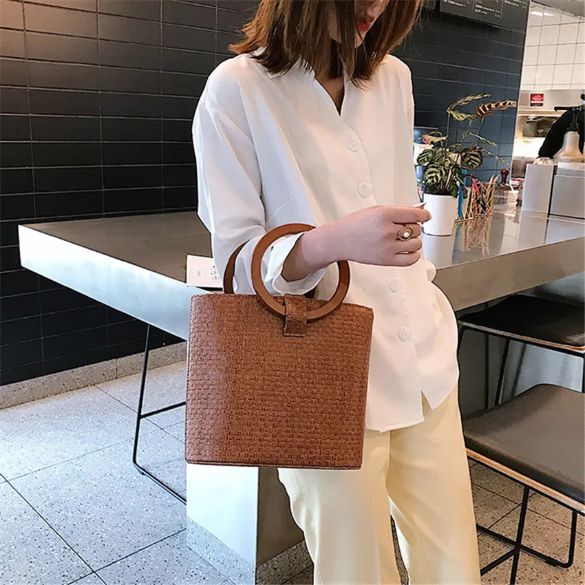 TOYOOSKY Женская модная соломенная сумка с круглой деревянной ручкой сумка-тоут