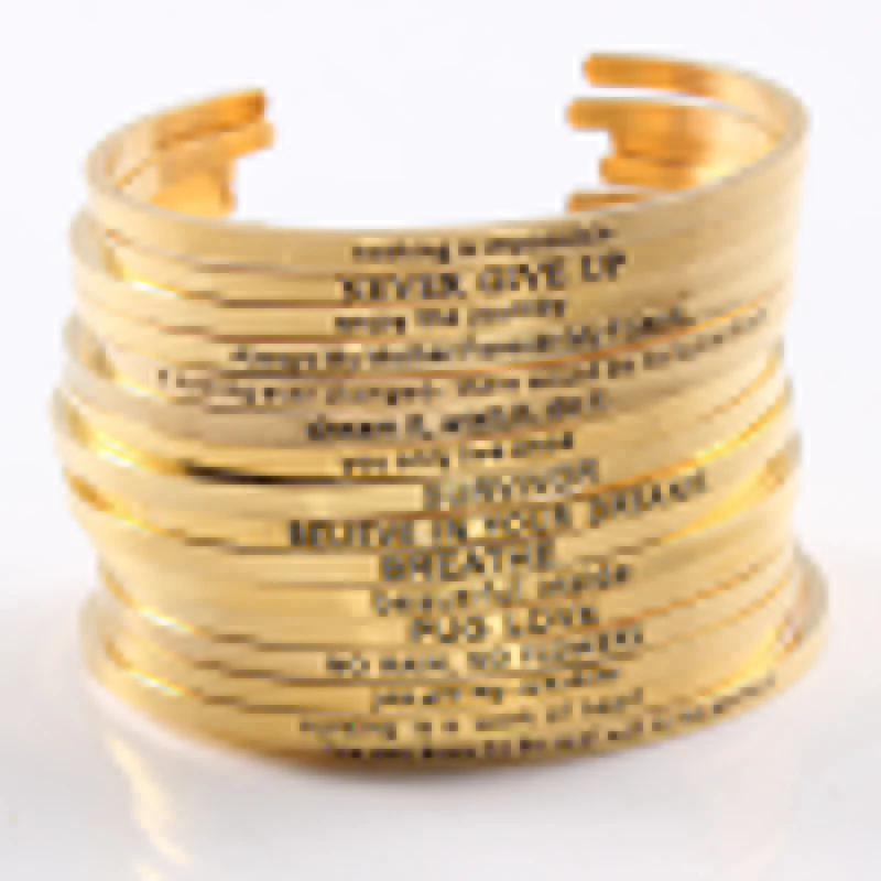 

Hot Sell Gold Color Mantra Bracelet Stainless Steel Bar Engraved Positive Inspirational Quote Cuff Bracelet Bangle For Women