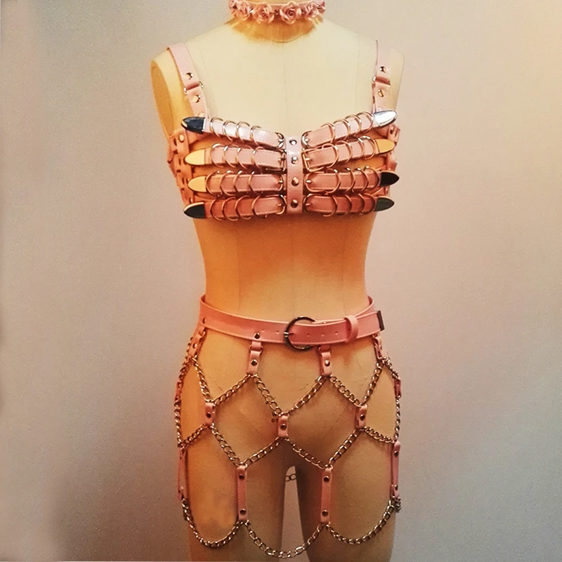 

Handmade Cute Spikes Flower Choker Heavy Leather Duty Bra Crop Top Bondage Bralet Waist Skirt Dress Straps with Chains