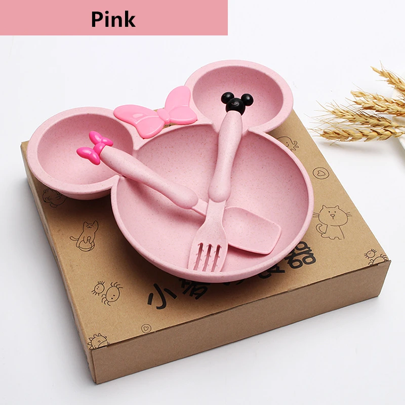 Pink 3 шт./компл. Детские пшеничная посуда с Микки-Маусом для кормления, столовая ложка, вилка, комплекты одежды для малышей, фруктовый десерт блюдо еда тарелка посуда набор - Цвет: Pink