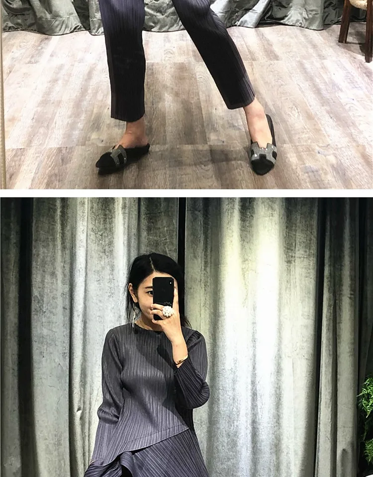 Changpleat Весенние новые женские комплекты Miyak плиссированные Модные Дизайнерские однотонные тонкие эластичные футболки и штаны костюмы из двух частей S9
