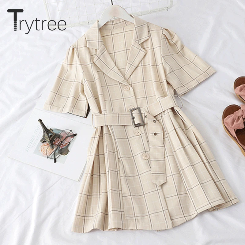 Trytree/летнее осеннее повседневное женское платье в клетку С Вырезанным воротником