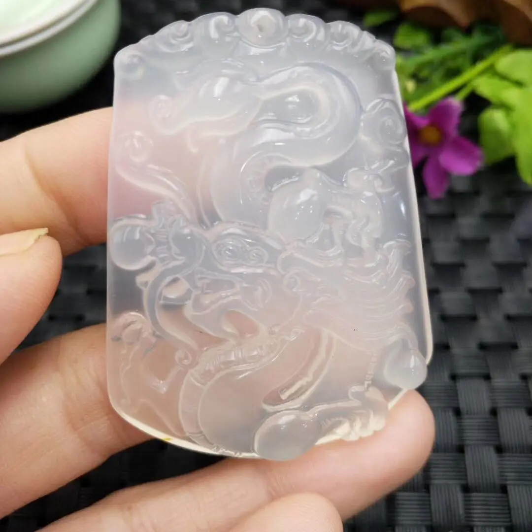 Koraba Fine Jewelry Unique Natural Chalcedony Agate Jade Icy White Pendant Chinese Dragon Free Shipping | Украшения и аксессуары