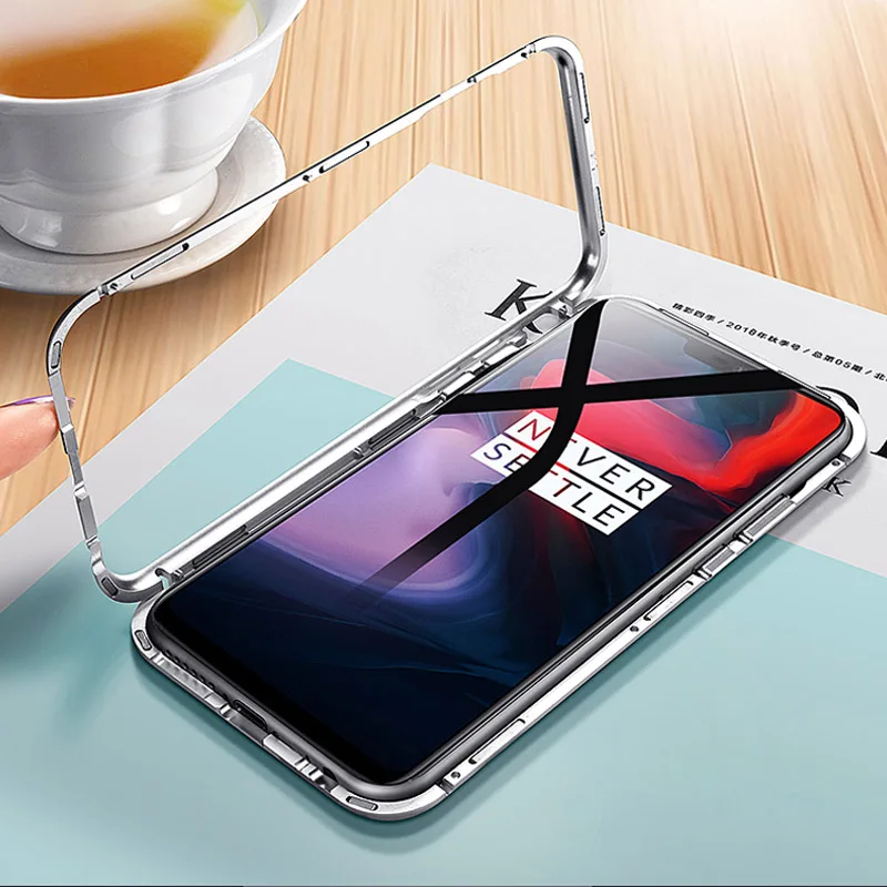 Magnetic Metal Adsorption Case For Oneplus 7 Pro Tempered Glass Back 6T 6 5T Phone Cover |