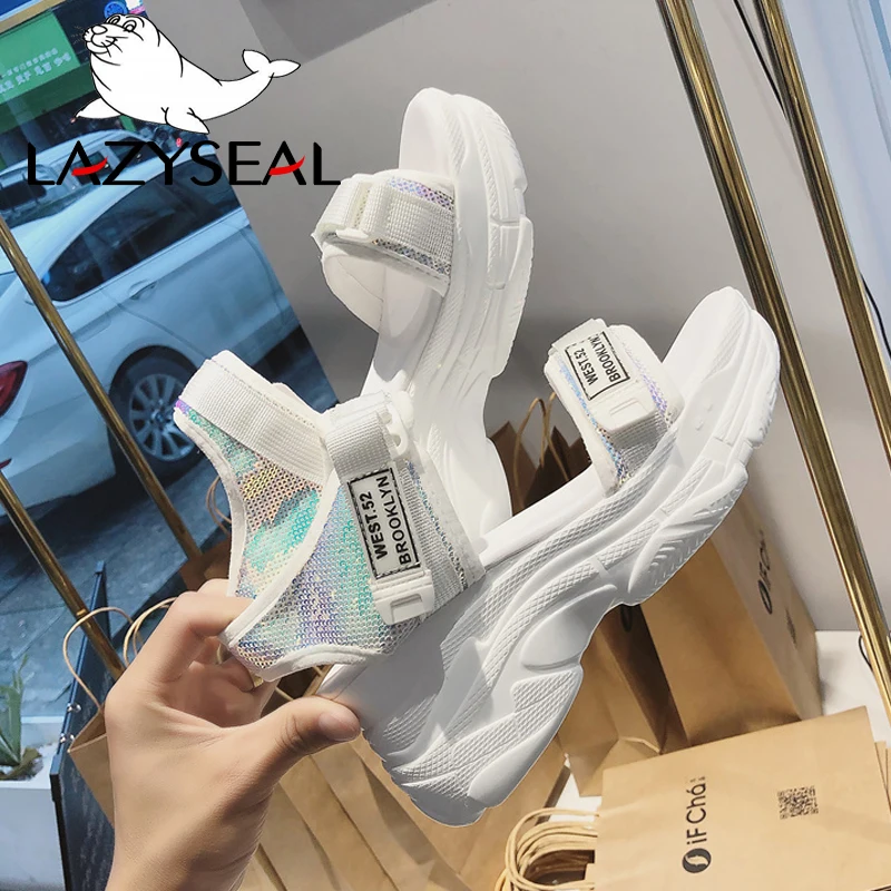 Сандалии LazySeal женские на платформе тканевые босоножки липучке обувь толстой