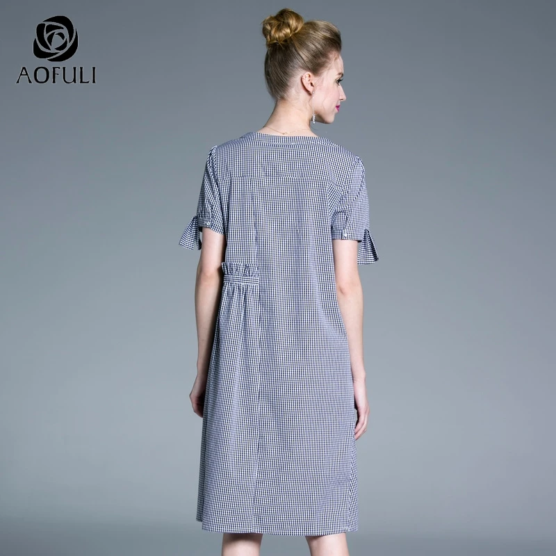 Платье-рубашка AOFULI L ~ 3XL 4XL клетчатое с принтом летнее коротким рукавом