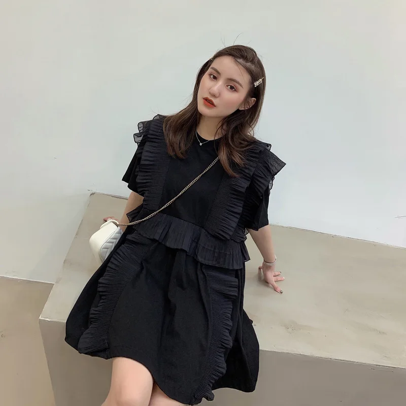 Весенние и летние элегантные женские футболки, футболка с коротким рукавом, хлопковая Футболка с оборками и круглым вырезом, футболки с рукавом-бабочкой