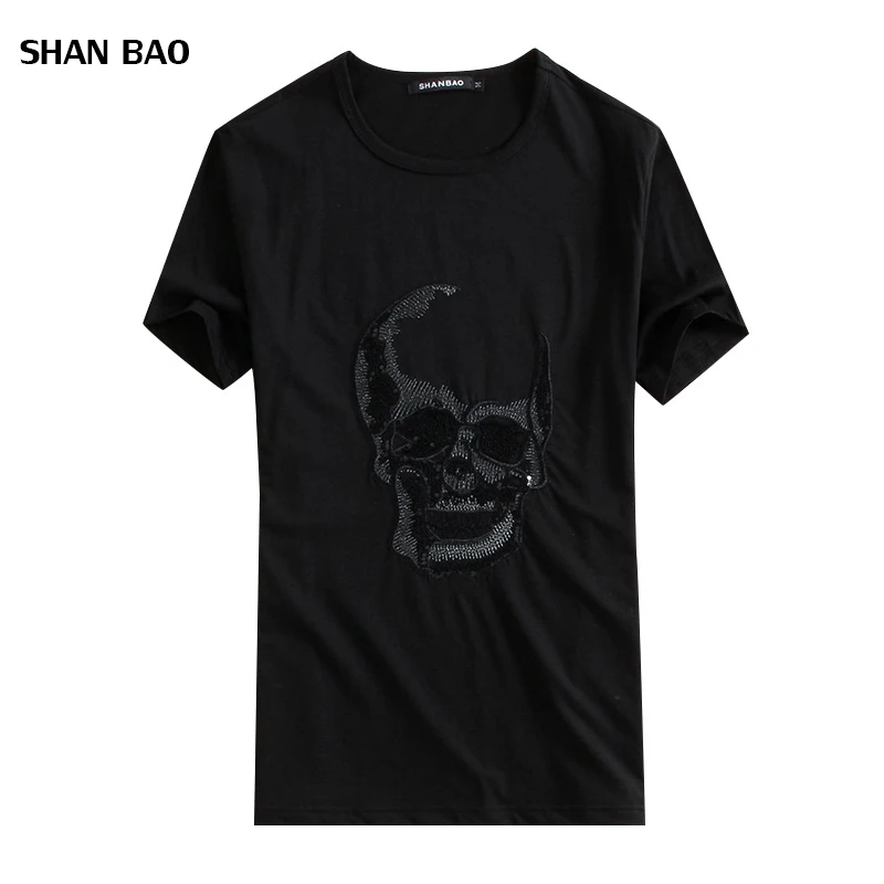 SHANBAO бренд 2018 новая мужская одежда футболка Летняя кость голова горячая Алмазная