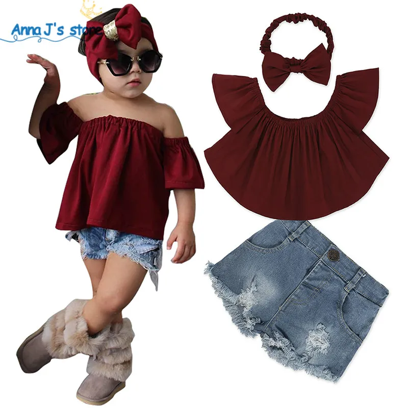 2021 комплект одежды для девочек с изображением темно красный топ + джинсовые шорты