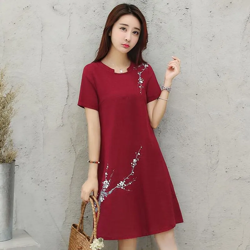Женское платье с О образным вырезом и коротким рукавом из хлопка льна