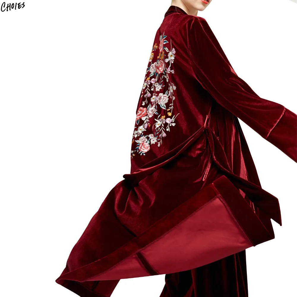 2 Colors Floral Embroidery Back Velvet Trench Coat Women Tied Waist V Neck Long Sleeve 2017 New Autumn Longline Outwear | Женская одежда