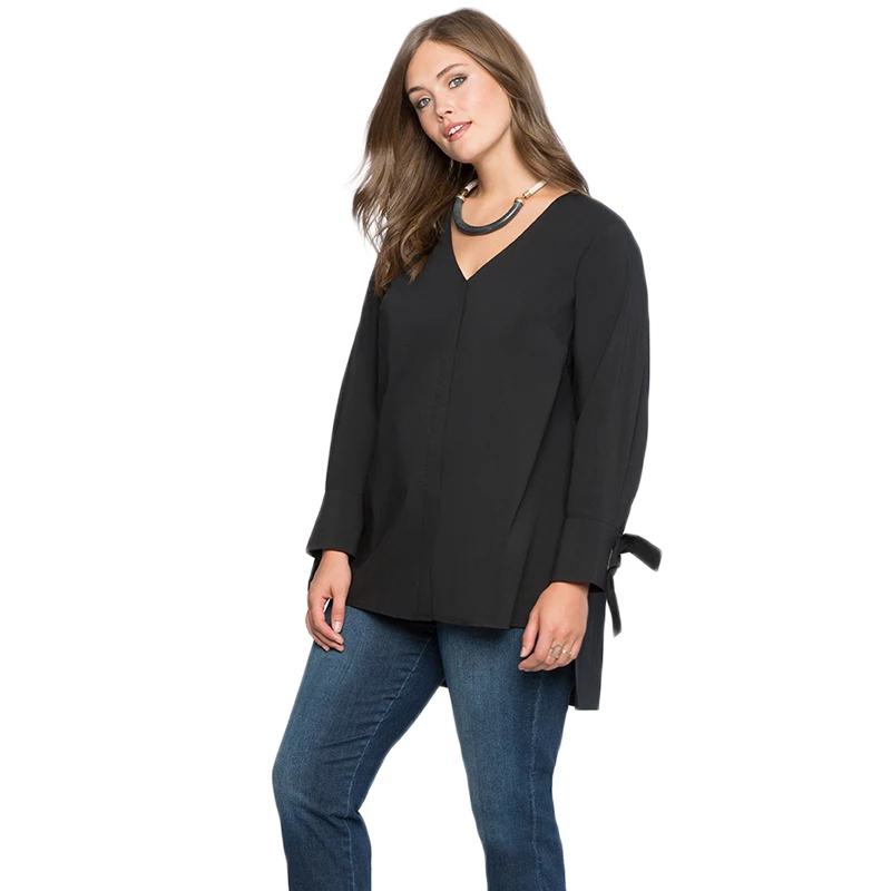 kissmilk 2020 Plus Size Solid Black V-neck Women Shirts Full Sleeve Lace Up Split Bow Female Clothing Sexy Lady Big Tops | Женская