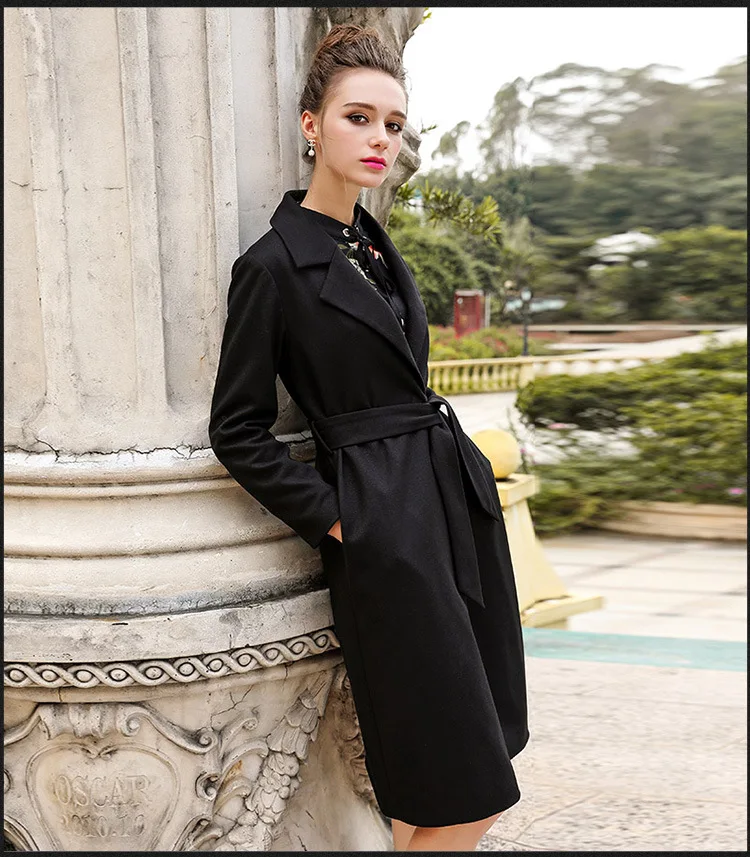 

2017Fashion Ladies elegant woolen coat winter Turn down collar cultivating trench coat outwear overcoat outfit Plus size4XL 5XL