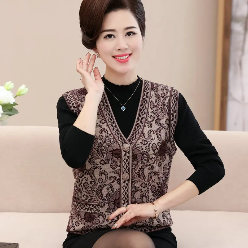 2019 Autumn Winter Middle-Aged Women Printed Cashmere Knitting Vests &amp Waistcoats V-Neck High-Quality Comfortable Cardigan W995 |