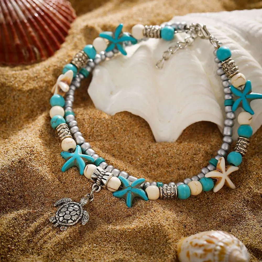 Vintage Boho Shell Beads Chain Starfish Sea Turtle Anklets for Women Multilayer Leg Bracelet Handmade Bohemian Beach Jewelry - купить по