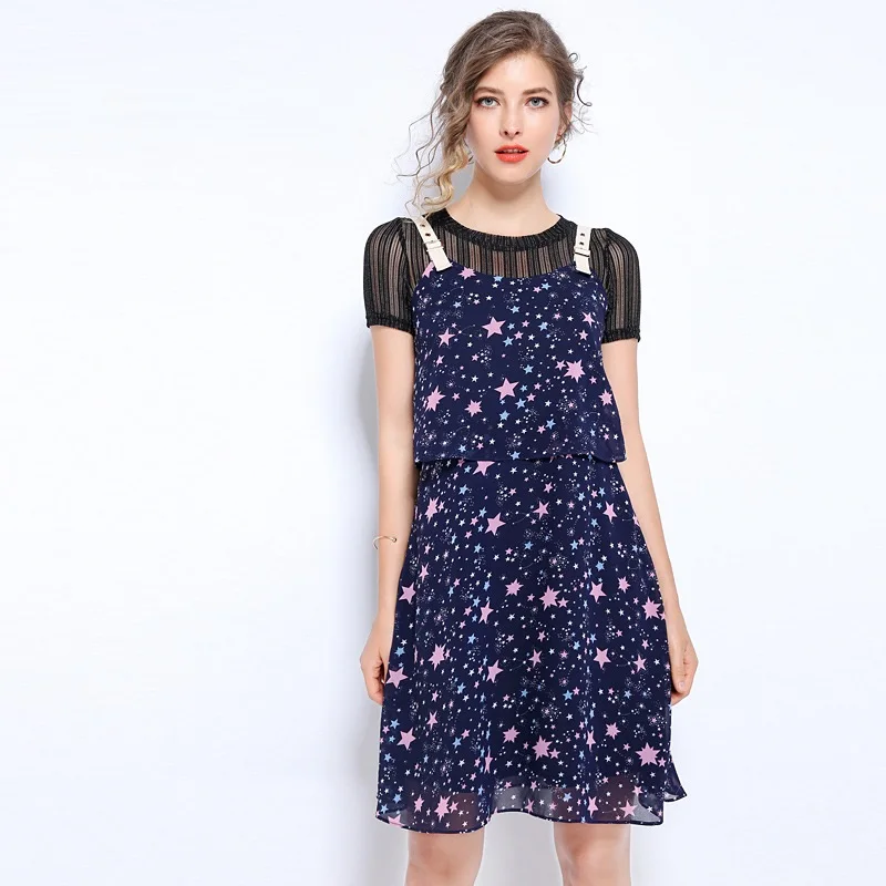 2019 летние Для женщин комплект одежды с принтом из шифона Платье хлястиками +