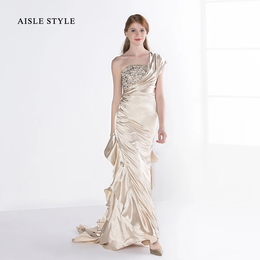 Проход стиль элегантный одно плечо champage пром платья 2017 vestido formatura длинные раффлед