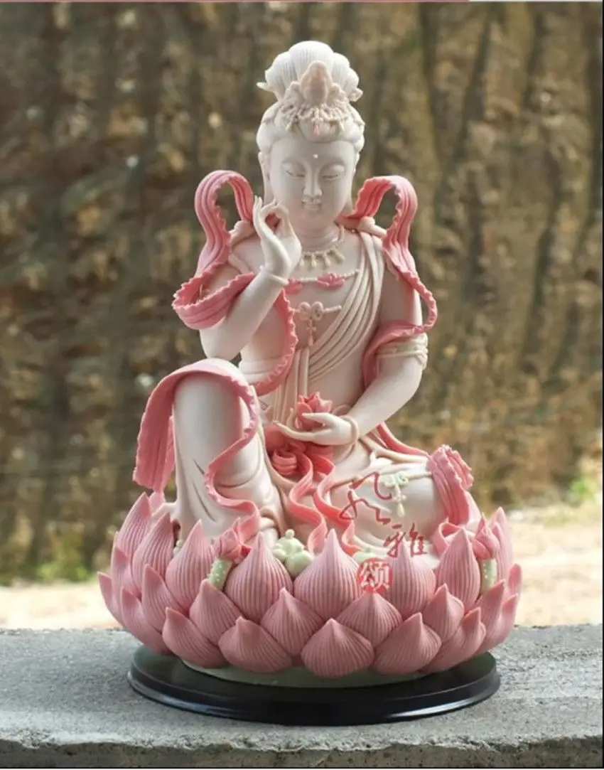 

12" Exquisite Chinese Dehua Colored Porcelain Kwan-yin Guanyin Buddha Lotus Statue