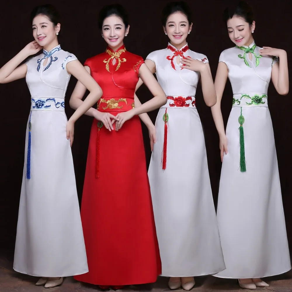 

Chinese traditional Female Rayon long gown Dress Mandarin Collar Vintage embroidery red Cheongsam Vestidos Elegant Slim Qipao