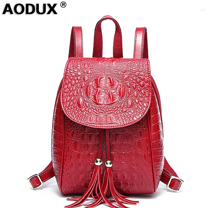 

AODUX Spring Small Famous Brands Alligator Pattern Backpacks Genuine Leather Second Layer Cowhide Women's Backpack School Bags