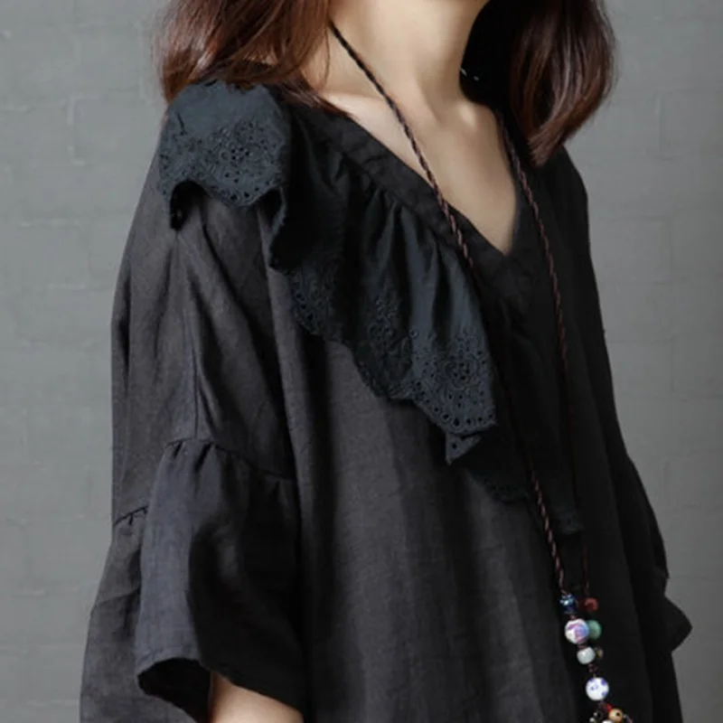 Mferlier Women Artsy Summer Dresses One Side Ruffles V Neck Short Sleeve Solid Casual Loose Female Retro Dress | Женская одежда