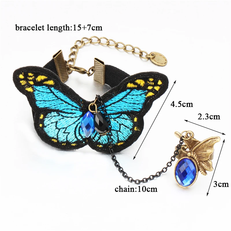 SOHOT Handmade Embroidery Butterfly Bracelets Rings Trendy Jewelry Set Crystal Cotton Antique Chain Party Accessories Women Gift | Украшения