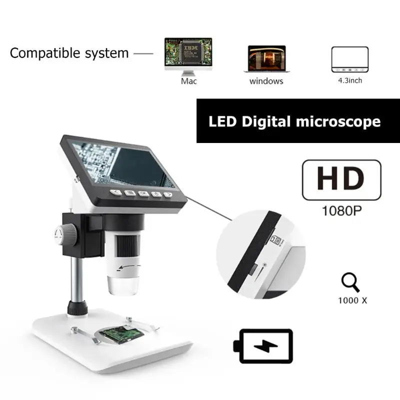1000X HD1080P 4,3 дюймов lcd цифровой микроскоп портативный настольный микроскоп увеличительное стекло набор поддержка 10 языков