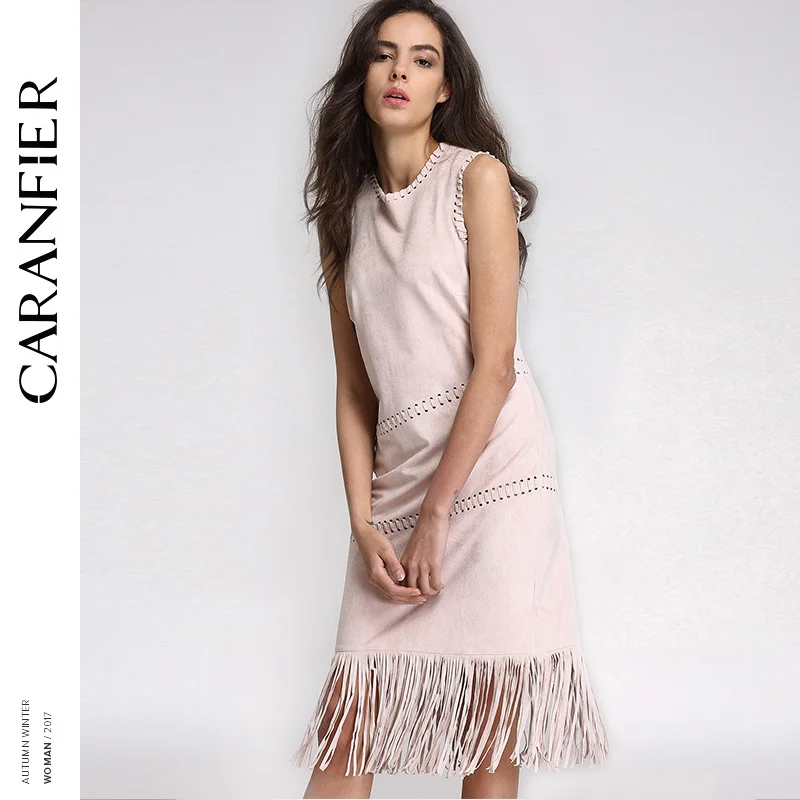 CARANFIER/осеннее женское сексуальное замшевое длинное платье с кисточками вырезами