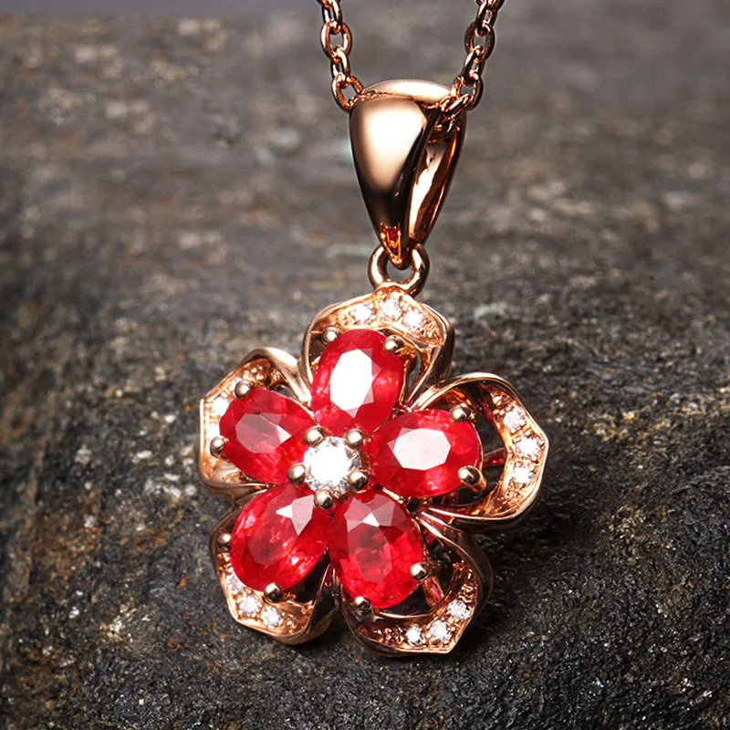 Plum Blossom Cherry Wintersweet Flowers Rose Gold Color Fashion Pendant Necklace Made with Five Petal Red Austria Crystal Wholes | Украшения
