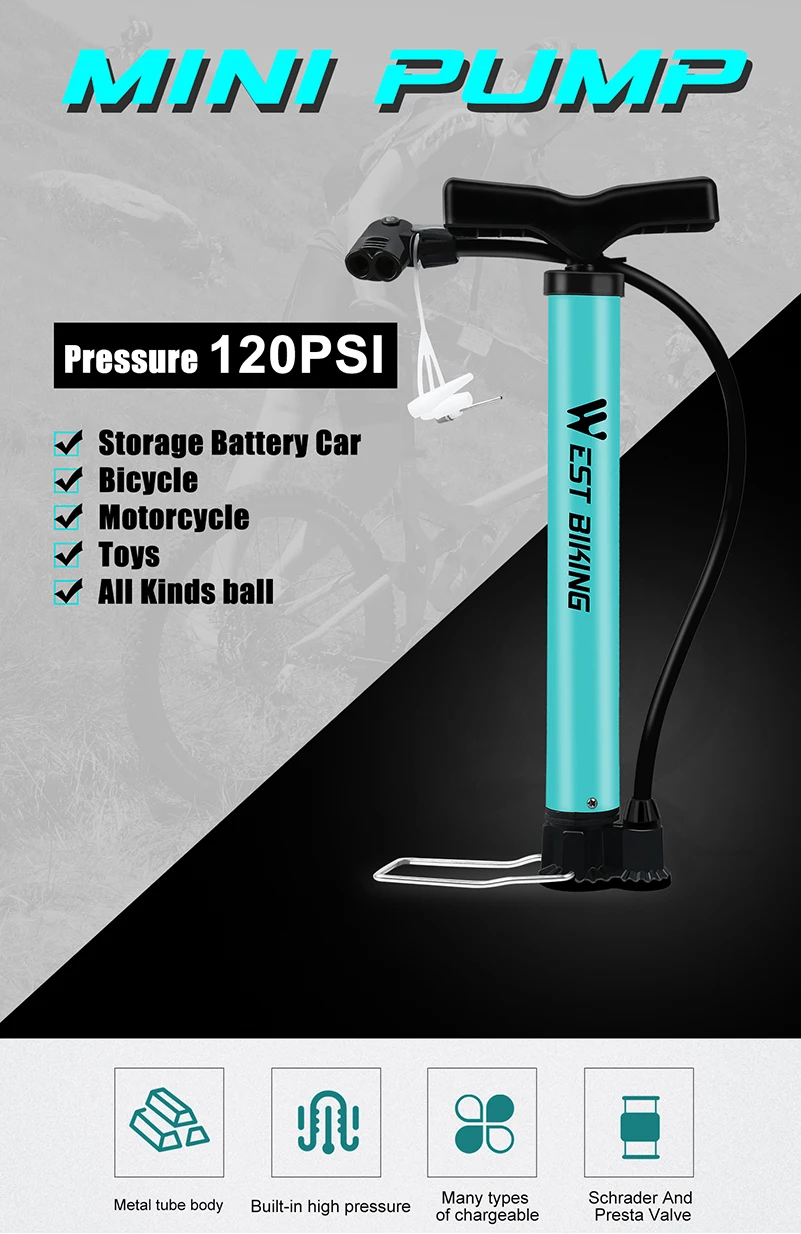 WEST BIKING велосипедный насос 120/160PSI стальной Бирюзовый велосипедный насос воздушный насос Schrader Presta клапан дорожный MTB велосипедный насос