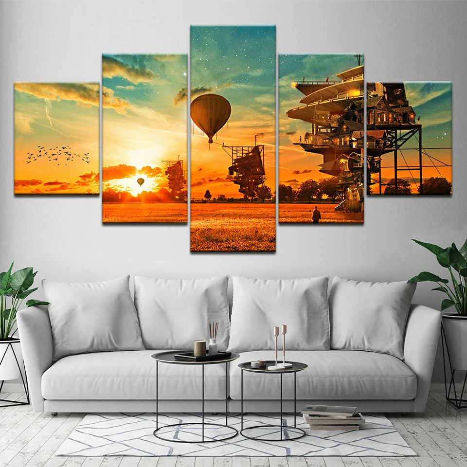 

Wall Art HD Prints Home Decor 5 Pieces Hot Air Balloon Canvas Landscape Painting Modern Modular Pictures Popular Artwork Poster