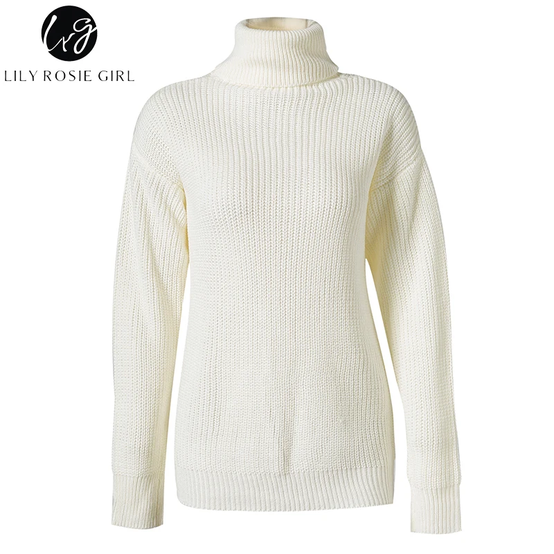 Lily Rosie Girl Sexy Lace Up Women Sweaters White Turtleneck Pullovers 2018 Autumn Winter Khaki Jumpers Knitted Sweater | Женская одежда