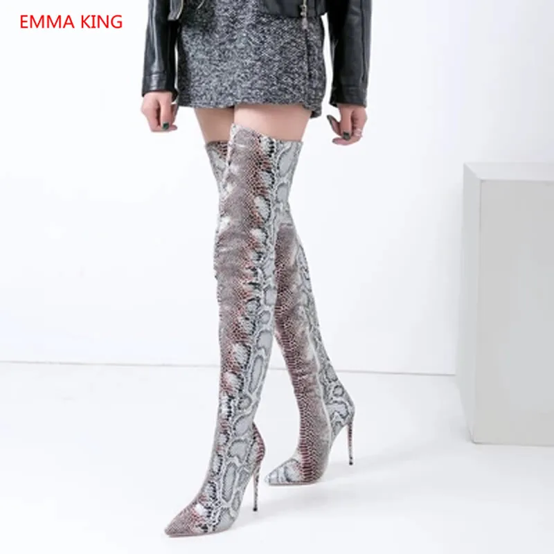 

2018 Pointed Toe Snake Print Over Knee Boots Ladies Thigh High Motorcycle Boots Winter Woman Shoes Sexy Stilettos High Heels