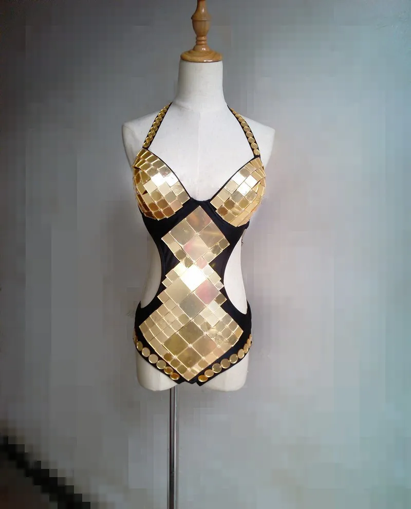 Silvery Gold Reflective mirror Bodysuit Sparkly Sequins Hollow Bodysuit Female Bar Singer DJ Costume Dancer Catwalk Stage Wear