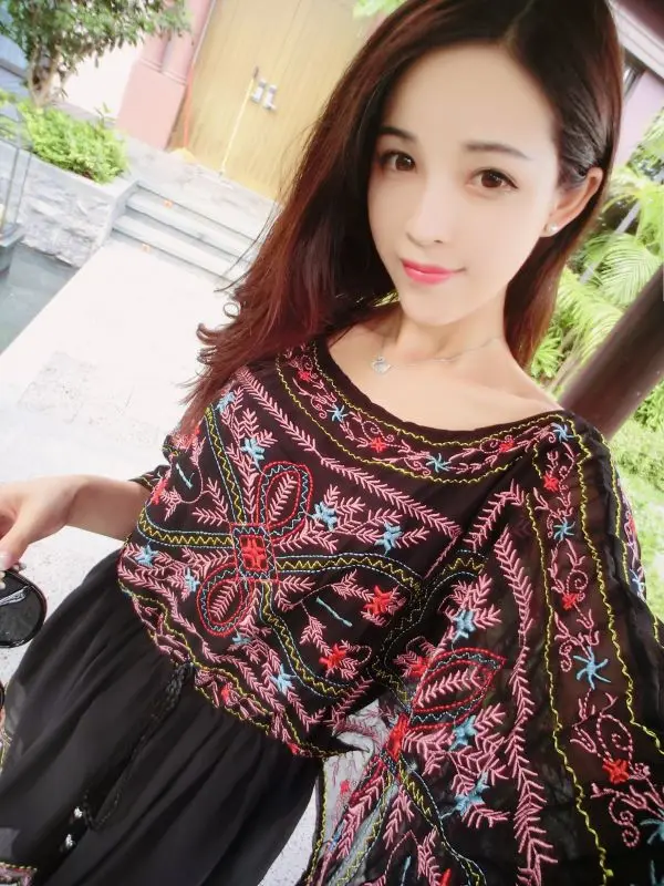 2018 Vintage Mexican Print Embroidery Women Chiffon O Neck Elastic Waist Loose Mini Dress Flare Half Sleeve Runway Boho Dresses | Женская
