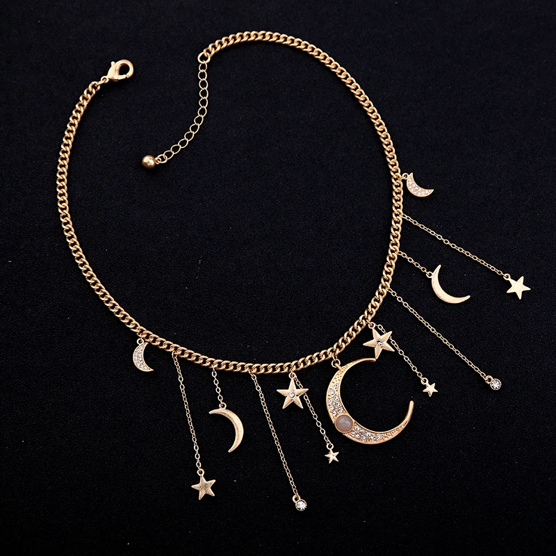 Очаровательное ожерелье с бахромой кристаллами звездой Луной и кулоном женское