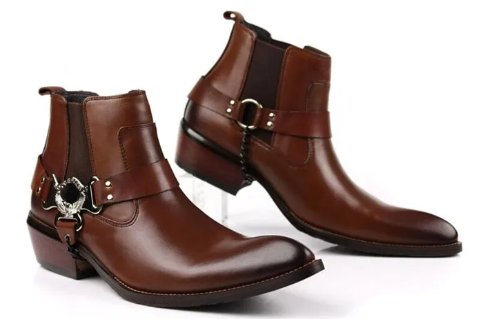 

Fashion metal poionted toe elastic band personality handmake ankle boots men pointed toe dress boots leather business shoes