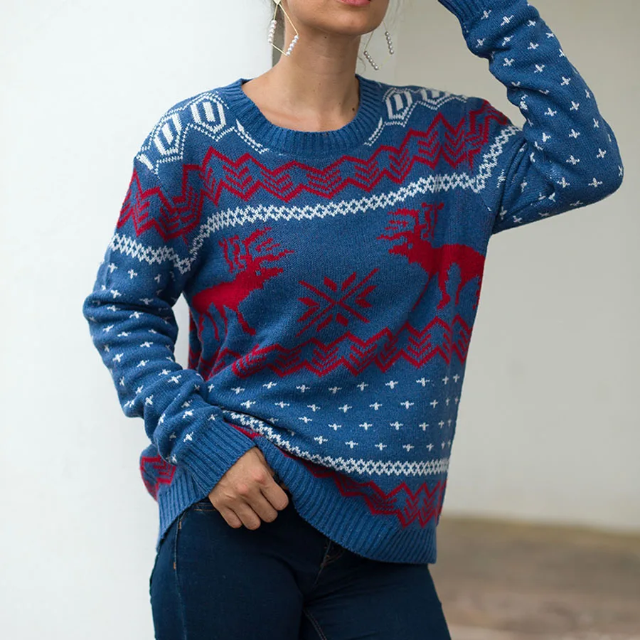

Christmas Deer Snowflake Ribbed Sweater Women's Fall Winter Knitted Pullover Jumpers Office Lady Female Rib Sweaters Tops