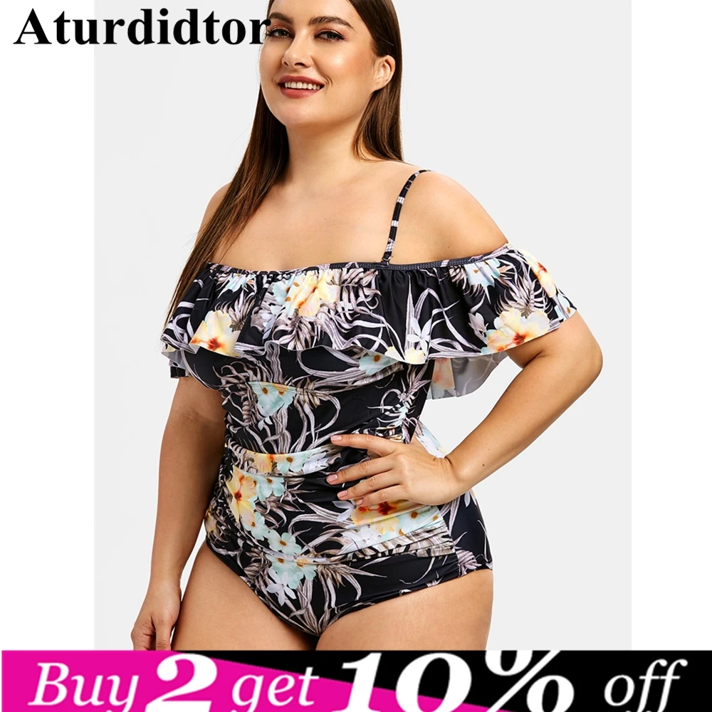 Плюс размер цветочный принт оборки отделка купальников на тонких бретельках
