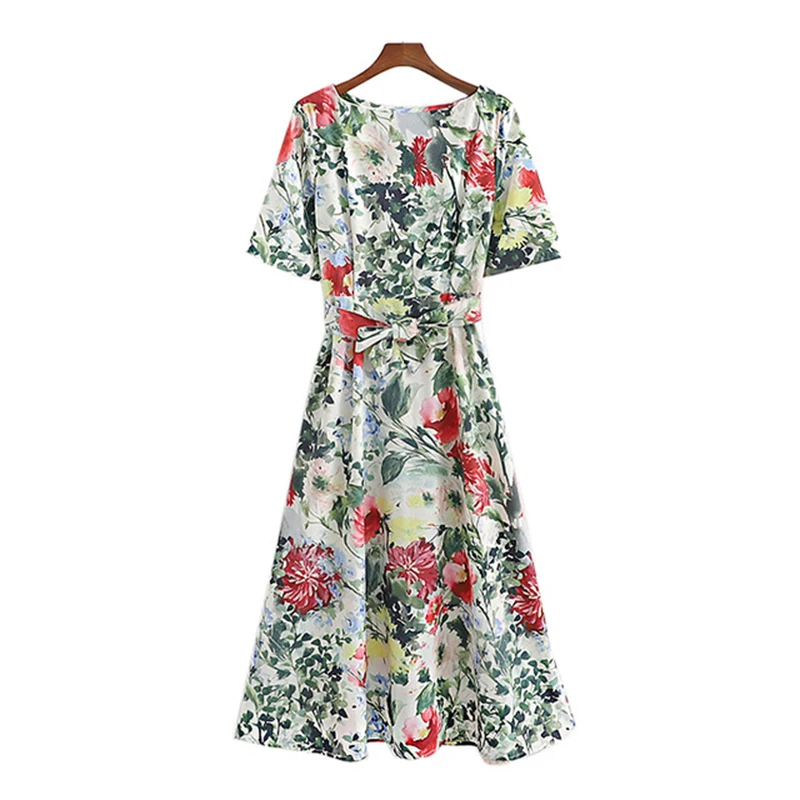 

2019 Floral Print Women's Dress Cotton Short Sleeve Casual Vacation Travel Dress Slim Ribbon