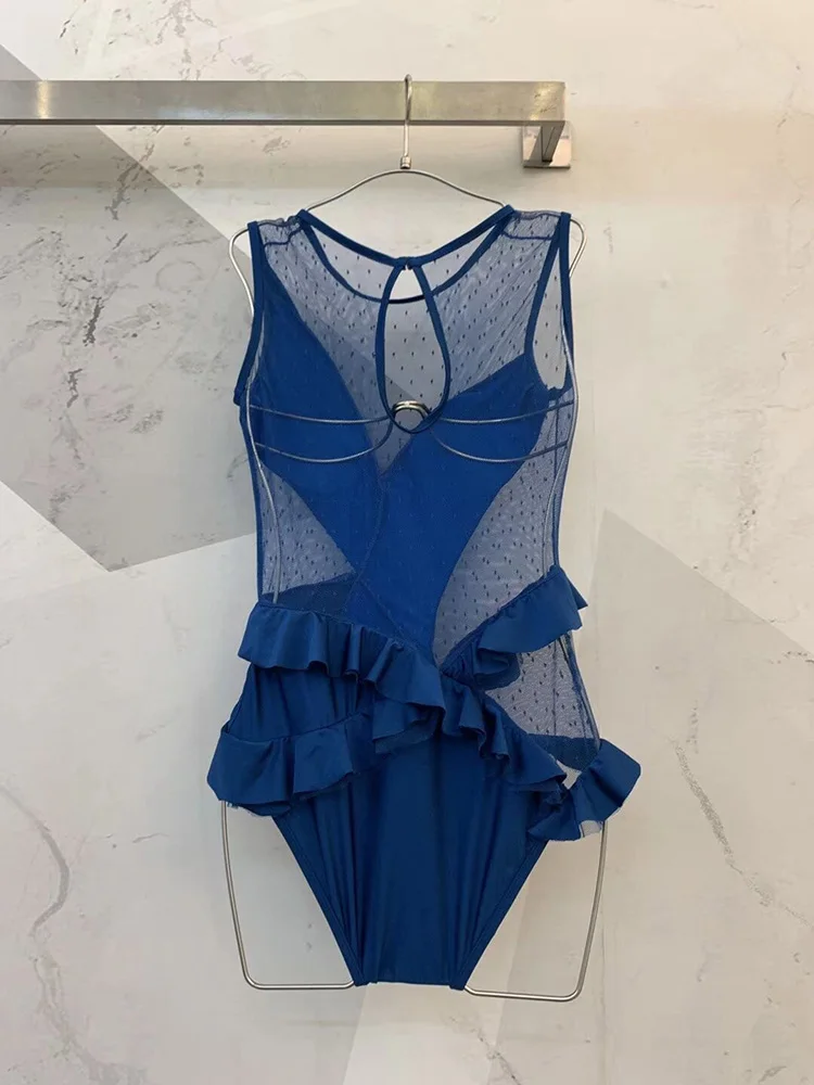 Svoryxiu Mesh Blue One Piece Bodysuit Women's Summer Holiday Sexy Ruffle Bathing Suit Swimwear New