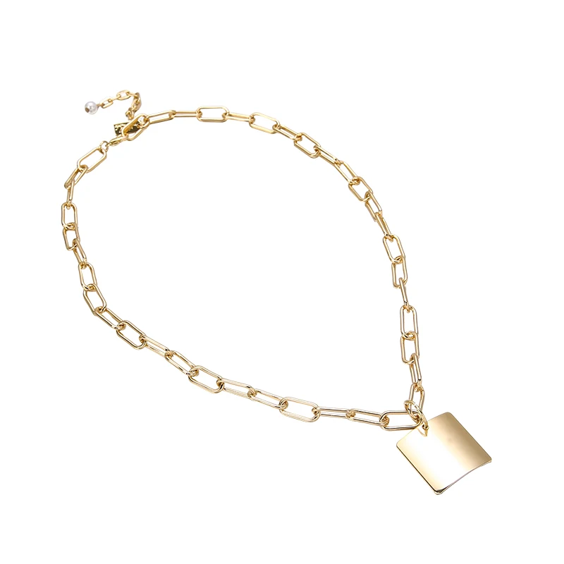 HUANZHI Square Pendant Simple Vintage Exaggeration Personality Gold Color Metal Long Chain Necklaces For Women Girls Jewelry