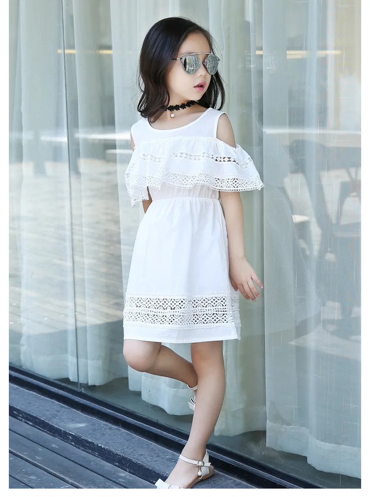 Girls Off Shoulder Dress 2020 Summer Style Lace with Sleeves Teenage Fashion Cotton Hollow Out Clothes | Детская одежда и обувь