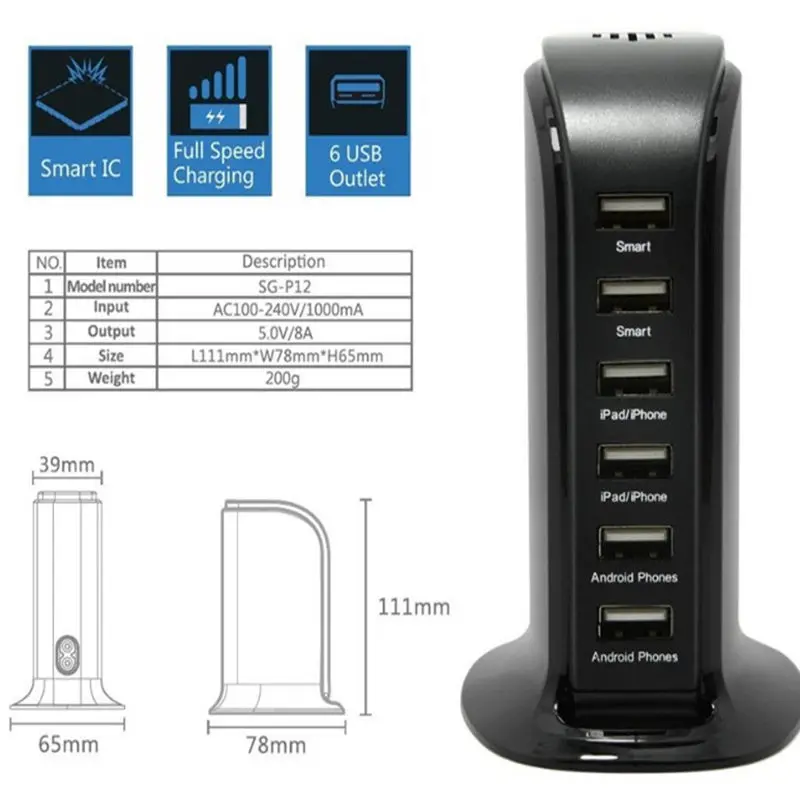 Aojun универсальное 6 портов USB зарядное устройство для iPhone iPad samsung несколько