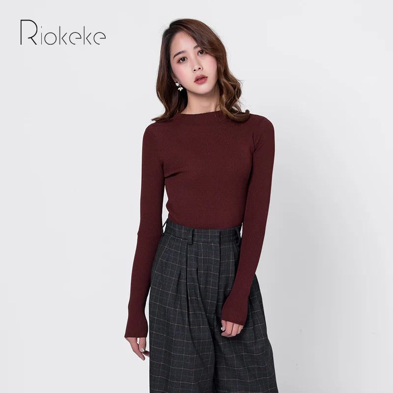 Riokeke O-neck Slim Minimalist Sweater Female Long-sleeved Knitted Autumn Winter Women High elastic Pullovers | Женская одежда